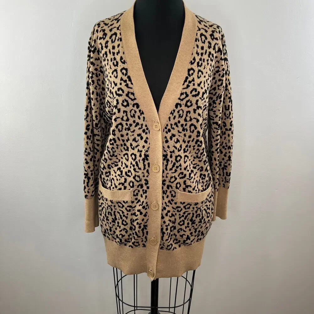 J. Crew V-neck Cardigan Sweater in Leopard Jacquard Relaxed Merino L1128 S